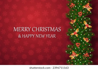 Christmas banners with decorated branches. With snow on a red background. Festive header design. Concept for holiday, winter holidays, New Year, Christmas