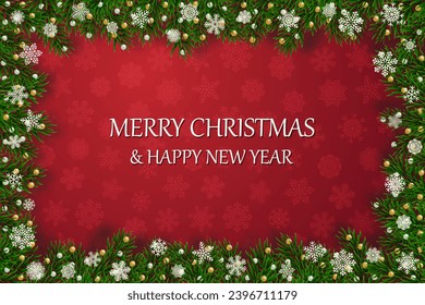 Christmas banners with decorated branches. With snow on a red background. Festive header design. Concept for holiday, winter holidays, New Year, Christmas