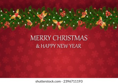 Christmas banners with decorated branches. With snow on a red background. Festive header design. Concept for holiday, winter holidays, New Year, Christmas