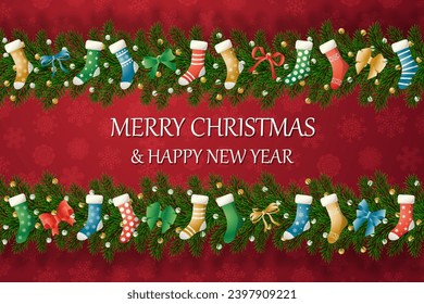 Christmas banners with decorated branches. With snow on a red background. Festive header design. Concept for holiday, winter holidays, New Year, Christmas