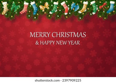 Christmas banners with decorated branches. With snow on a red background. Festive header design. Concept for holiday, winter holidays, New Year, Christmas