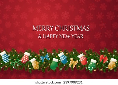 Christmas banners with decorated branches. With snow on a red background. Festive header design. Concept for holiday, winter holidays, New Year, Christmas