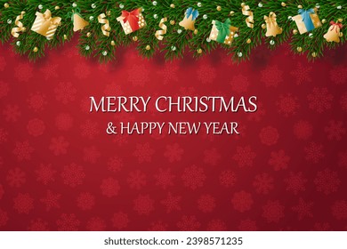 Christmas banners with decorated branches. With snow on a red background. Festive header design. Concept for holiday, winter holidays, New Year, Christmas