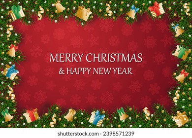 Christmas banners with decorated branches. With snow on a red background. Festive header design. Concept for holiday, winter holidays, New Year, Christmas