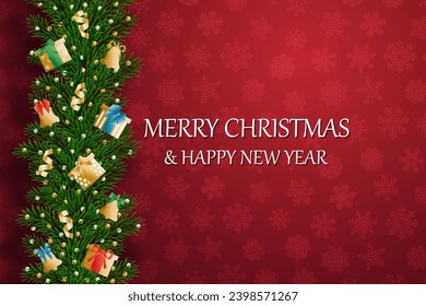 Christmas banners with decorated branches. With snow on a red background. Festive header design. Concept for holiday, winter holidays, New Year, Christmas