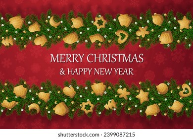 Christmas banners with decorated branches. With snow on a red background. Festive header design. Concept for holiday, winter holidays, New Year, Christmas