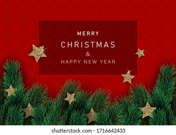 Christmas banners with decorated stars with branches. With snow frames on a red background. Festive header design for your website.