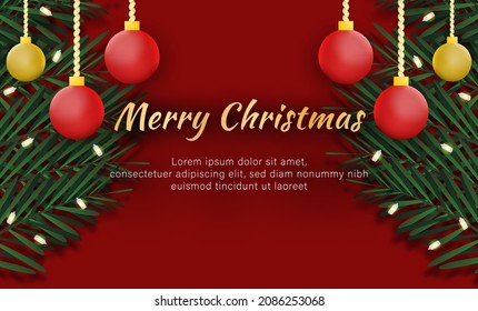 Christmas banners with decorated stars with branches. With snow frames on a red background. Festive header design for your website.Holiday's Background with Season Wishes and Border of Realistic Looki
