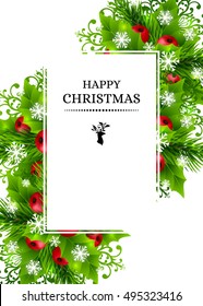 Christmas banners with fir branches, holly leaves, red berries and glowing snowflakes. Winter holiday poster with decorations and greeting text. Vertical vector illustration.