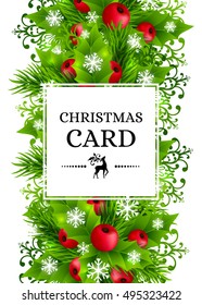 Christmas banners with fir branches, holly leaves, red berries and glowing snowflakes. Winter holiday poster with decorations and greeting text. Vertical vector illustration.