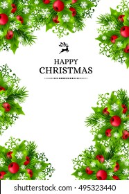 Christmas banners with fir branches, holly leaves, red berries and glowing snowflakes. Winter holiday poster with decorations and greeting text. Vertical vector illustration.