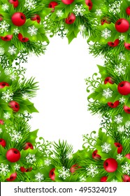 Christmas banners with fir branches, holly leaves, red berries and glowing snowflakes. Winter holiday backgrounds with decorations and greeting text. Vertical vector illustration.