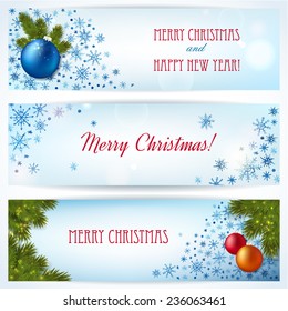 Christmas banners with fir twigs,  bright balls and watercolor snowflakes. Vector illustration. 