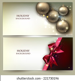 Christmas banners. Golden Xmas baubles. Vector set