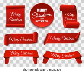 Christmas banners isolated. Set of red scrolls. Vector template