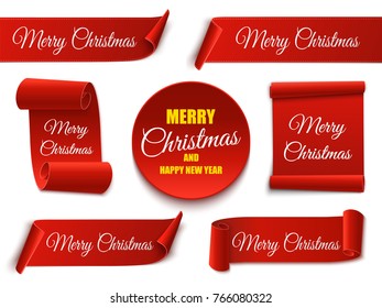 Christmas banners isolated. Set of red scrolls. Vector template