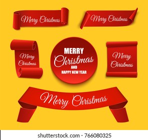 Christmas banners isolated. Set of red scrolls. Vector template