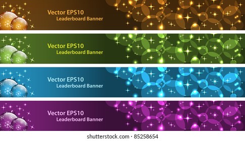 Christmas banners, leaderboard size with xmas balls, stars and bubbles. Copy space for text. Raster also available.