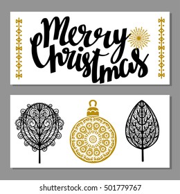 Christmas banners. Merry Christmas handwritten font, lettering. 
Trees, snowflake, ball hand drawn isolated set. Vector design