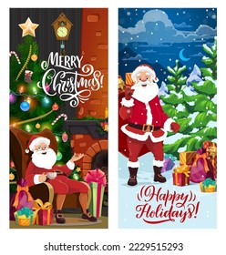 Carteles de Navidad con Santa Claus sentado en la chimenea y llevando regalos a un árbol de Navidad en un bosque nevado. Tarjetas verticales vectoriales para la celebración de las vacaciones de invierno con divertidos Noels Padre y regalos