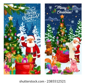 Christmas banners with Santa, presents bag and pine tree. Vector greeting card with Father Noel stand near decorated fir-tree with whimsical creatures as elf and funny animals under falling snowflakes