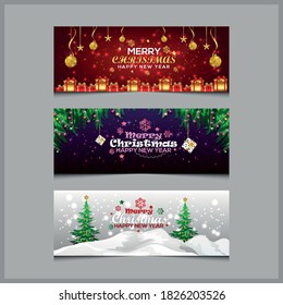 Christmas banners set decorated lights and gold balls, santa clous  and gifts. With snow frames and ribbons on background.
