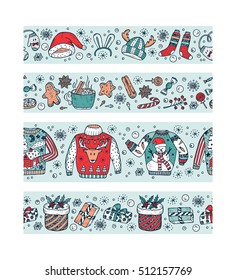 Christmas banners set design. Horizontal Holiday seamless borders. Christmas paper strips with doodle ugly sweaters, knitted clothes, gift boxes, sweets, gingerbread cookies, mulled wine, spice. Xmas