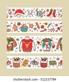 Christmas banners set design. Horizontal Holiday seamless borders. Christmas paper strips with doodle ugly sweaters, knitted clothes, gift boxes, sweets, gingerbread cookies, mulled wine, spice. Xmas