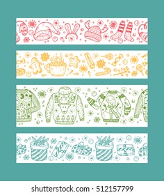 Christmas banners set design. Horizontal Holiday seamless borders. Christmas paper strips with doodle ugly sweaters, knitted clothes, gift boxes, sweets, gingerbread cookies, mulled wine, spice. Xmas