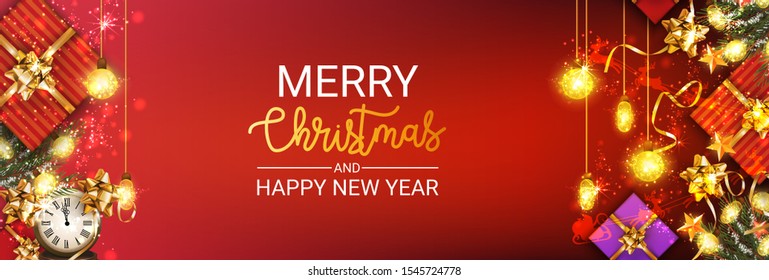 Christmas banners set with fir branches decorated with ribbons, balls and garlands. With snow frames on red background. Festive header design for your site. - Vector