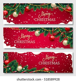Christmas banners set with fir branches decorated with ribbons, red and gold balls and garlands. With snow frames on red background. Festive header design for your site.
