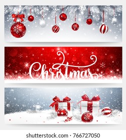 Christmas banners set with fir branches, red balls and gifts. Vector illustration