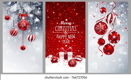 Christmas banners set with fir branches decorated with ribbons, red balls and gifts. Vector illustrations