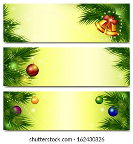 Christmas banners. Set of horizontal backgrounds with branches of spruce, balls and bells on light yellow background. Vector illustration. 