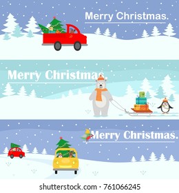 Christmas banners set pattern. Place for text. Vector illustration with a fairy-tale landscape, a car carrying a Christmas tree, the magic forest and the Christmas sleigh with a gift.