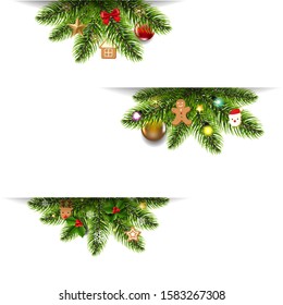 Christmas Banners Set With Christmas Toys And Christmas Tree White Background With Gradient Mesh, Vector Illustration