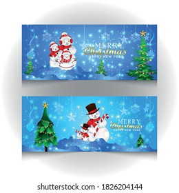 Christmas  banners with snowflakes, tree , and cute santa with gift box. Christmas and new year background.