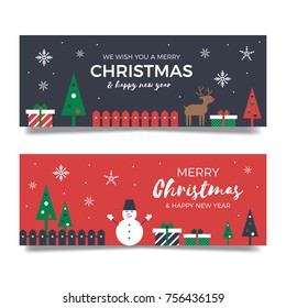 
Christmas banners with a snowman, a deer, a Christmas tree, gifts. Template of Christmas banners, invitation cards, backgrounds, brochures. Vector illustration is a flat Christmas design.