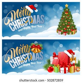 Christmas banners with Christmas tree, Christmas gifts on snowy background. Calligraphy lettering inscription Merry Christmas and Happy New Year. Vector stock illustration.