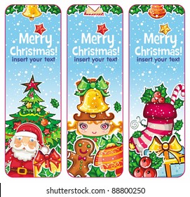 Christmas banners vertical holiday: Santa Claus, Children, Decorations, Presents, Christmas tree, gingerbread man, holly, snowflakes. place for your own text. Christmas stoking.