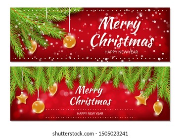 Christmas banners. X-mas New Year flyers template. Holiday vector background with realistic fir tree branches, snowfall, glass ball