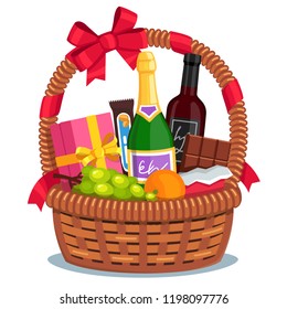 Christmas basket with products. Decoration for greeting cards, posters, patches, emblems. Modern flat style isolated on white background.