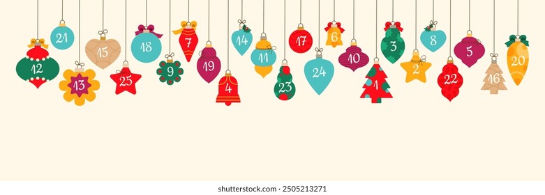 Christmas bauble advent calendar holiday garland. Isolated cartoon vector festive winter countdown decor with colorful xmas toys, hanging on string, represent days lead to seasonal event celebration