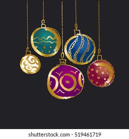 Christmas bauble background. Seasonal winter decoration. New Year vector illustration. Hand drawn xmas tree balls.  Christmas and new year holiday bauble decorations