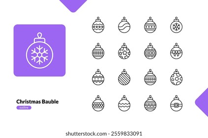 Christmas bauble ball decoration for Christmas tree winter season detailed outline line icon set