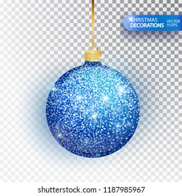 Christmas bauble blue glitter isolated on white. Sparkling glitter texture ball, holiday decoration. Stocking Christmas decorations. Blue hanging bauble. Vector illustration.