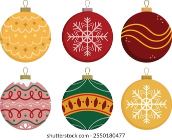 Christmas bauble collection. Colorful Christmas tree decoration. Set of glass balls. Christmas decor ornament. Vector flat illustration set