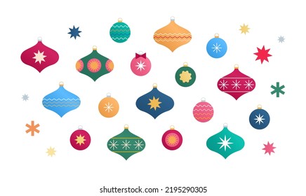 elementos decorativos de bolas de Navidad aislados en un fondo blanco. Decoración de vacaciones de invierno, arcos de árbol de Navidad, colección de decoración mínima escandinava de Año Nuevo. Conjunto de iconos de ilustración de vector plano.