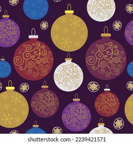 Christmas bauble decorated with gold oil seamless vector pattern design. It is suitable for textile, fabric, decorations, cloth, tiles, packaging, gifts wallpaper, wrapping, background and much more.