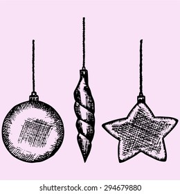  Christmas Bauble, Decoration Elements, Doodle Style, Sketch Illustration